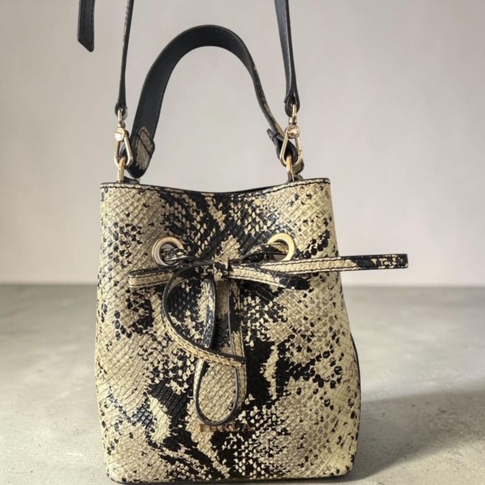 Furla Stacy Snake Print Leather Bucket Bag Crossbody Top Handle EUC